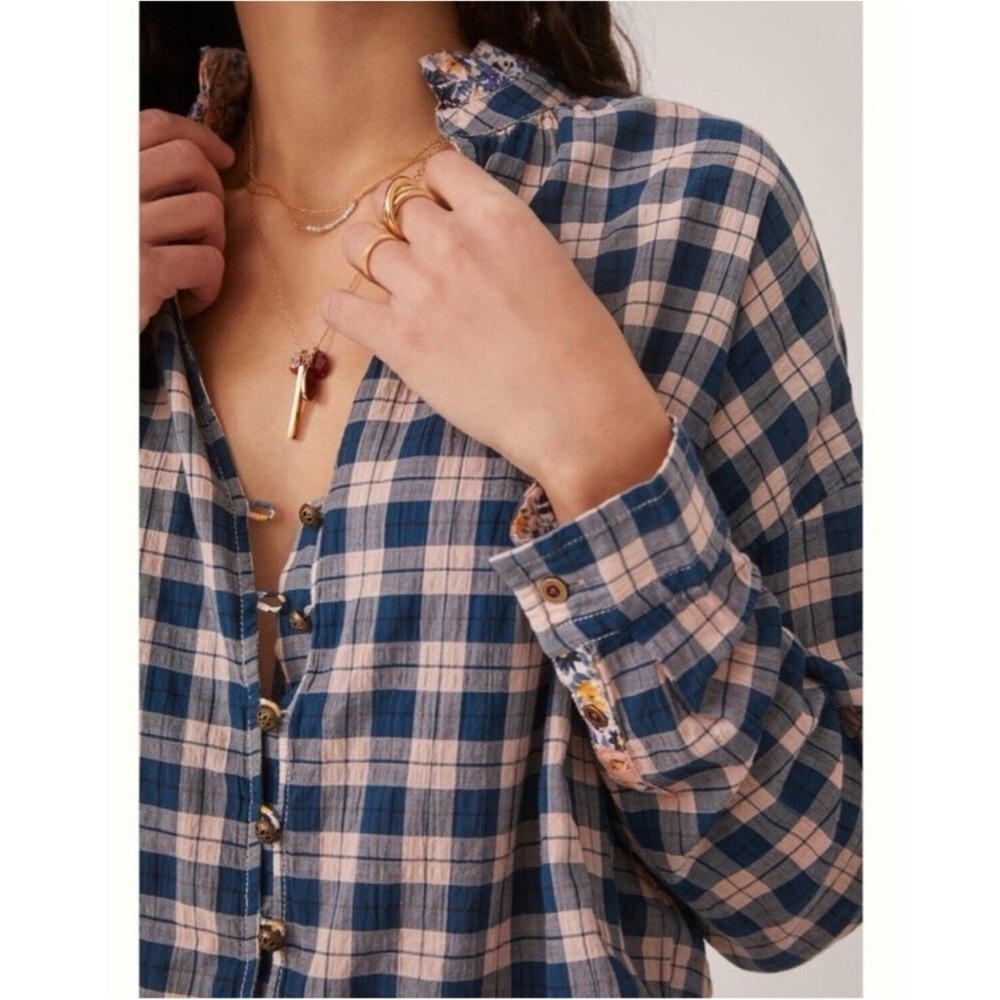 Anthropologie PILCRO Plaid Button Shirt M Floral Boho Cottage Festival Peasant - Picture 8 of 14